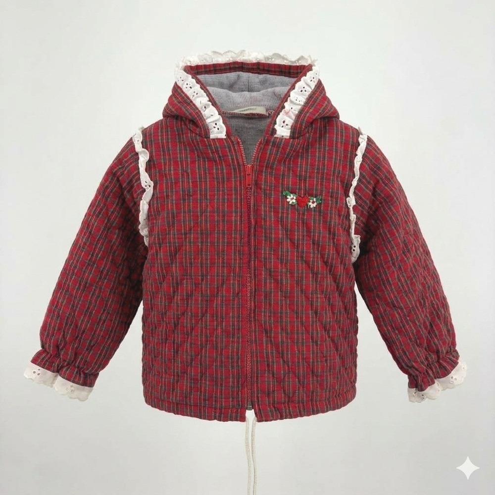 Vintage Doe-Spun Toddler Girls Red Plaid Quilted Hooded Jacket Lace Trim 24M